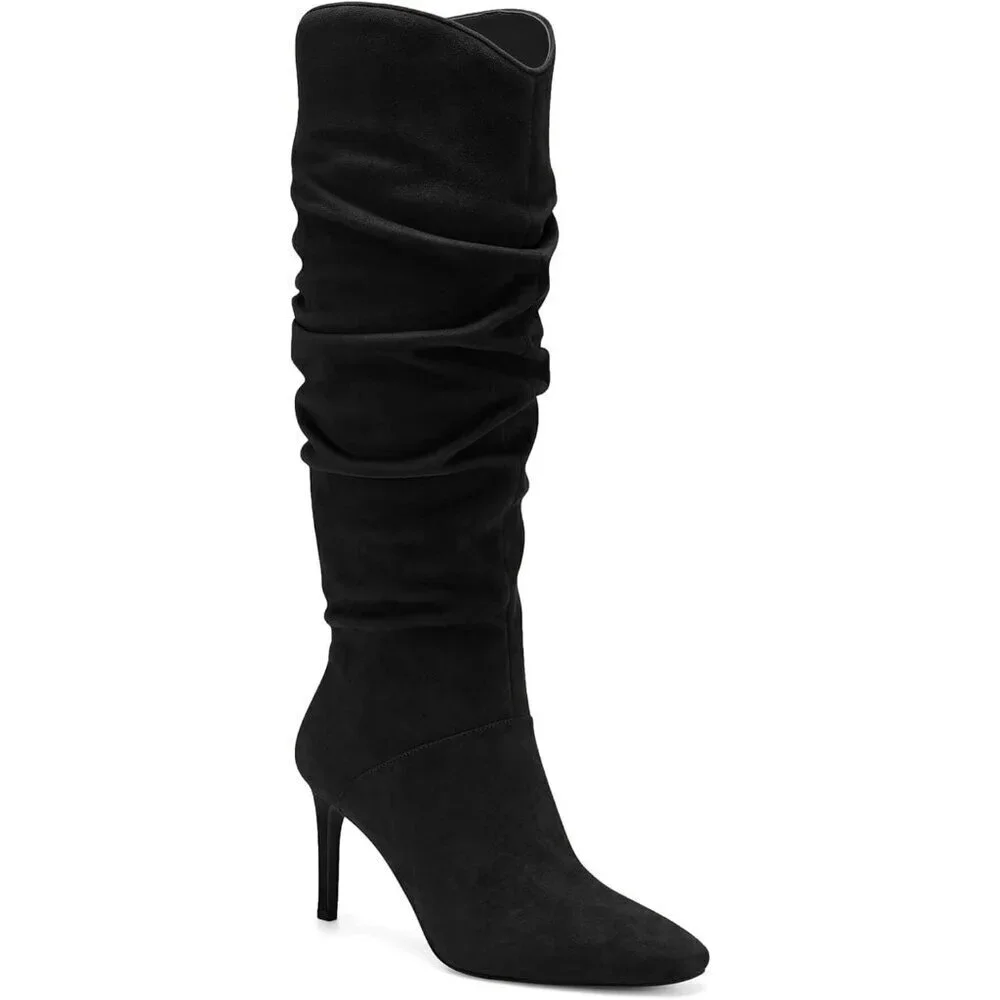🆕Womens Faux Suede Black Knee High Almond Toe Side Zipper Stiletto Heel Booties